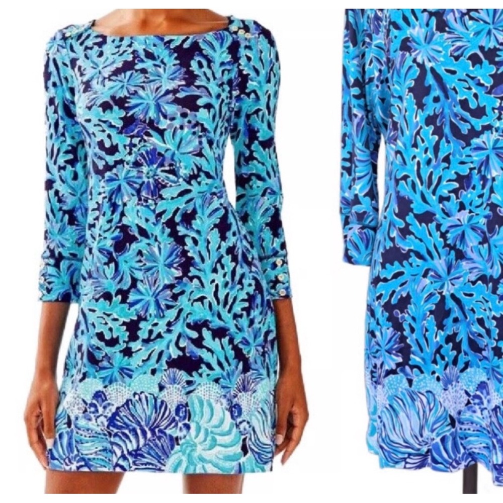 Lilly Pulitzer Womens Blue Sofie Coral Print 3/4 Sleeve Dress Size Small UPF +50